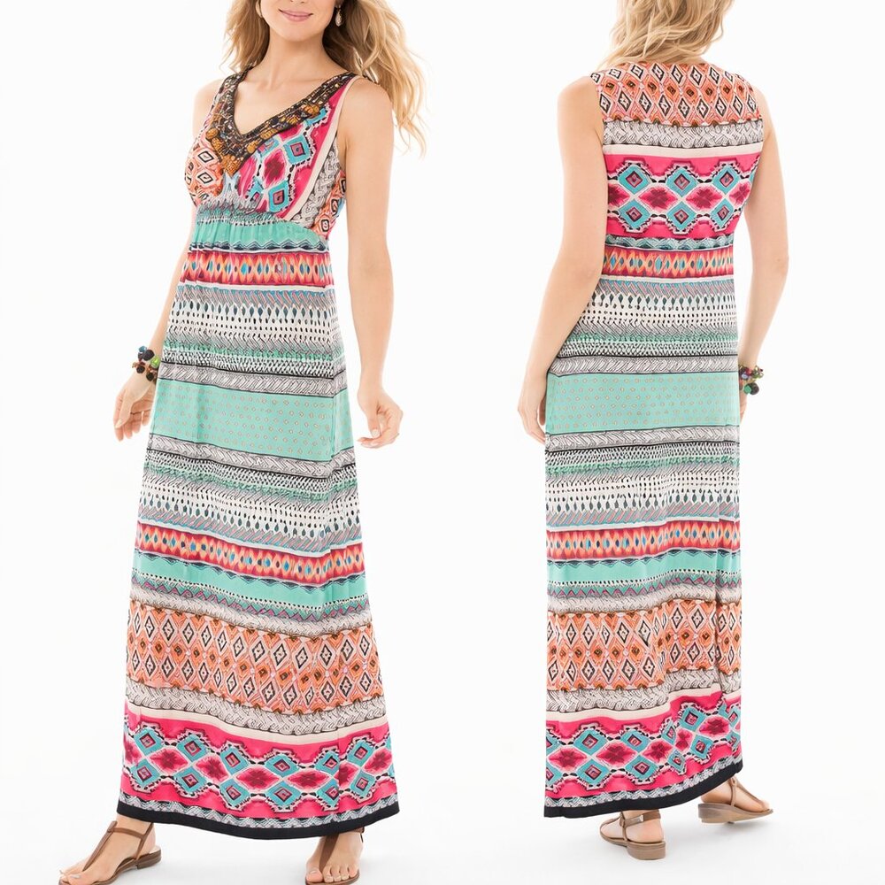 Chico's Tribal Multi-Print Embellished Maxi Dress - Size 1 (Medium)
